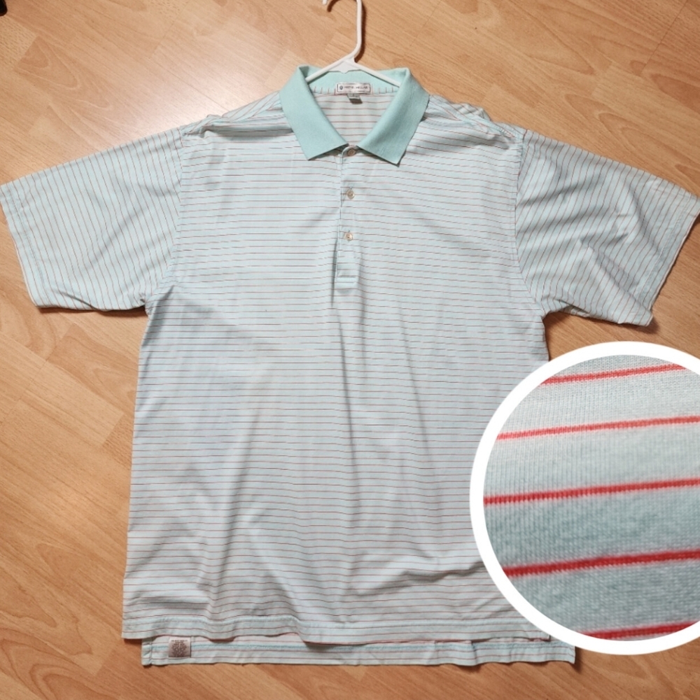 Peter Millar Striped Polo Shirt Mint Light Blue Pink Stripe Mens Size Large